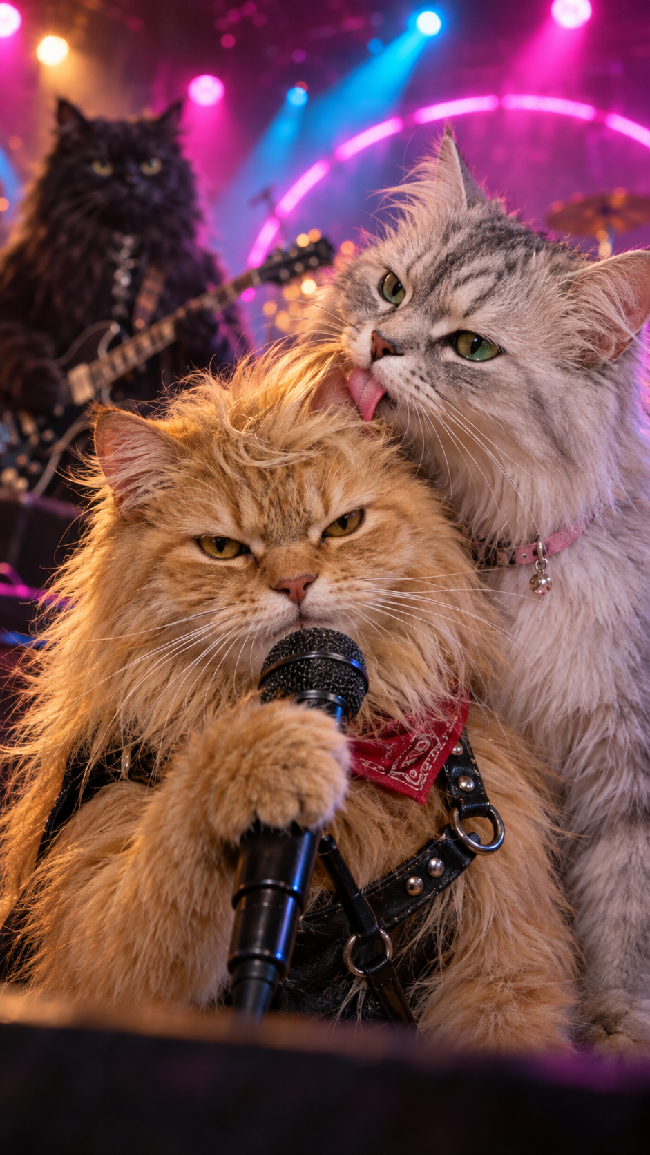 Golden glam-rock cat tries to look tough while his silver girlfriend grooms his head on a neon concert stage.